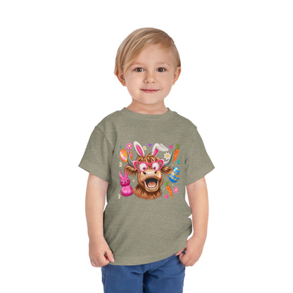 Easter Highland Cow Toddler Tee — Cute Bunny Ears & Colorful Eggs