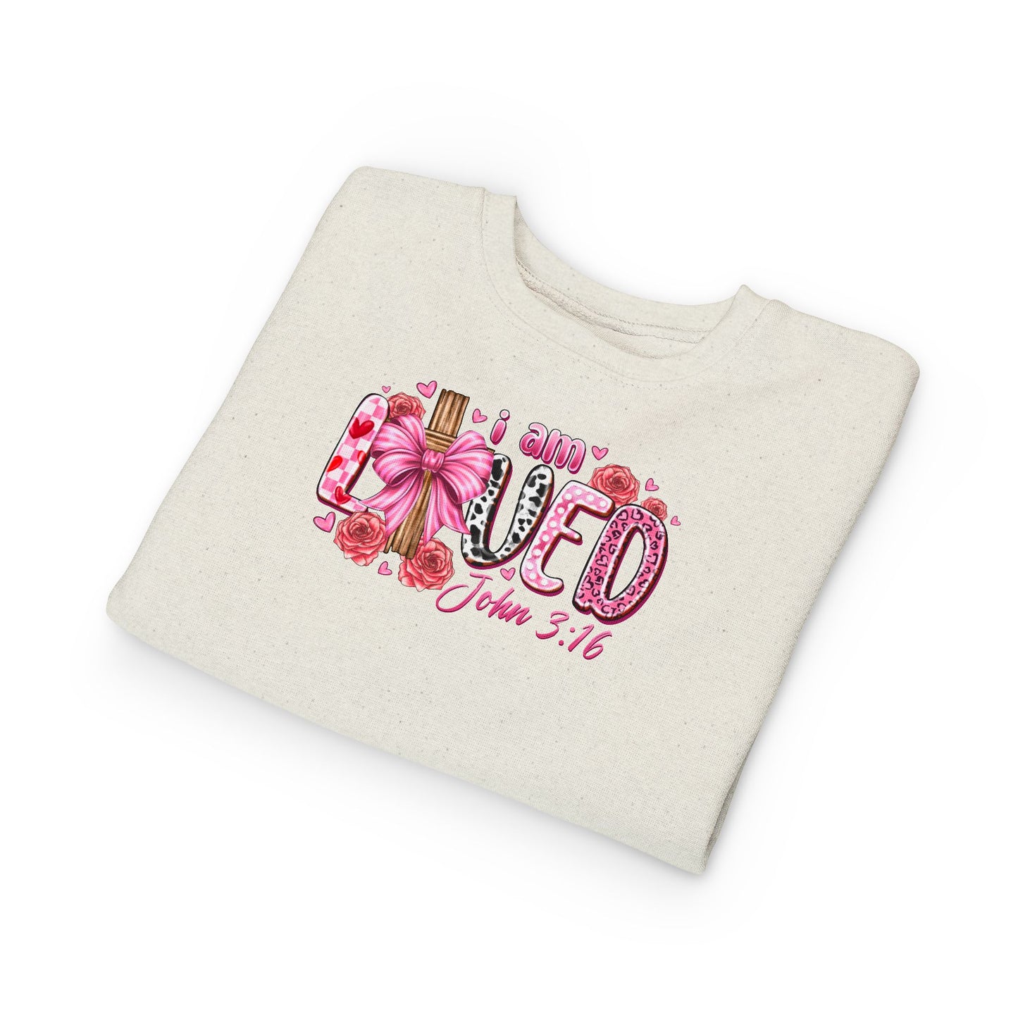 Toddler Sweatshirt - "I Am Loved" John 3:16 Pink Cross Faith Pullover