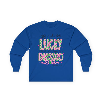 Long Sleeve Tee — "Not Lucky, Simply Blessed" Floral Christian Graphic