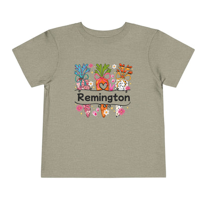 Personalized Toddler Tee — Colorful Easter Carrot Gnome Name Shirt (Remington)