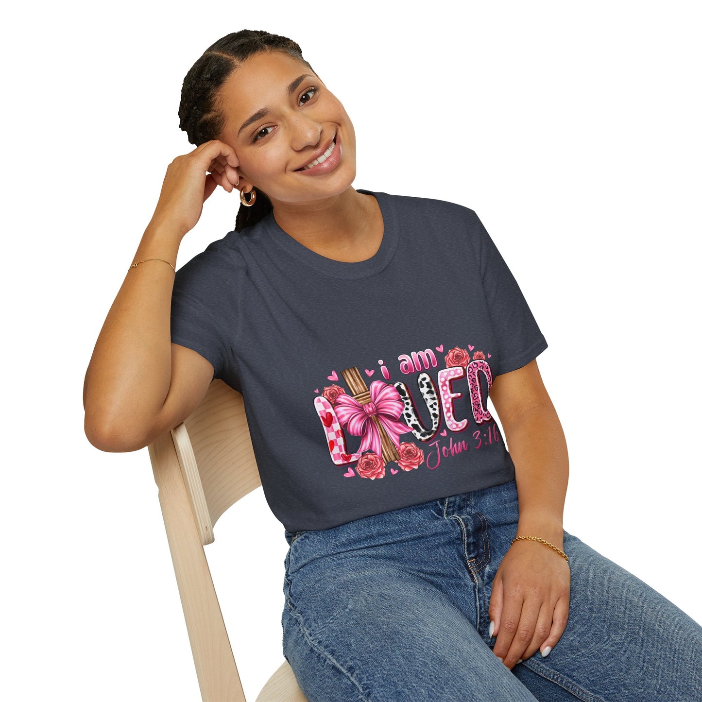 I Am Loved John 3:16 T-Shirt — Pink Floral Christian Faith Tee