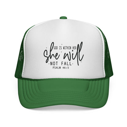 She Will Not Fail Trucker Cap – Psalm 46:5 Inspirational Christian Hat