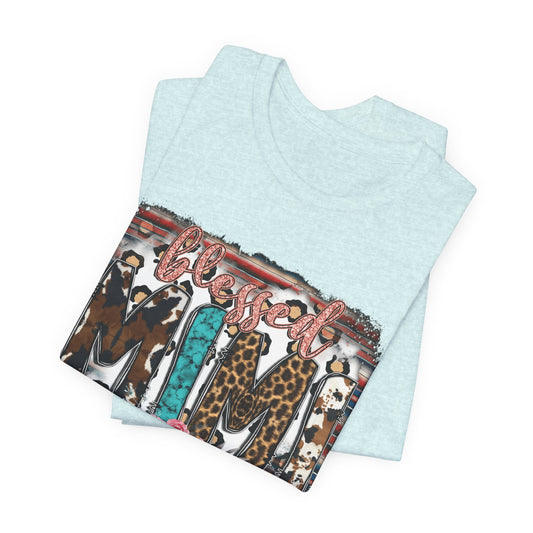 Mama Leopard & Western Floral T-Shirt — 'Mama' Graphic Tee with Cowhide, Turquoise & Pink Flowers