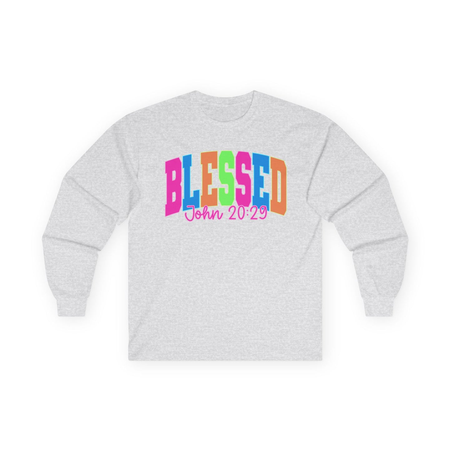 Blessed Long Sleeve Tee — Bright Colorblock 'BLESSED' with John 20:29