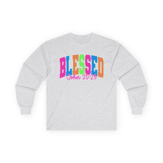 Blessed Long Sleeve Tee — Bright Colorblock 'BLESSED' with John 20:29