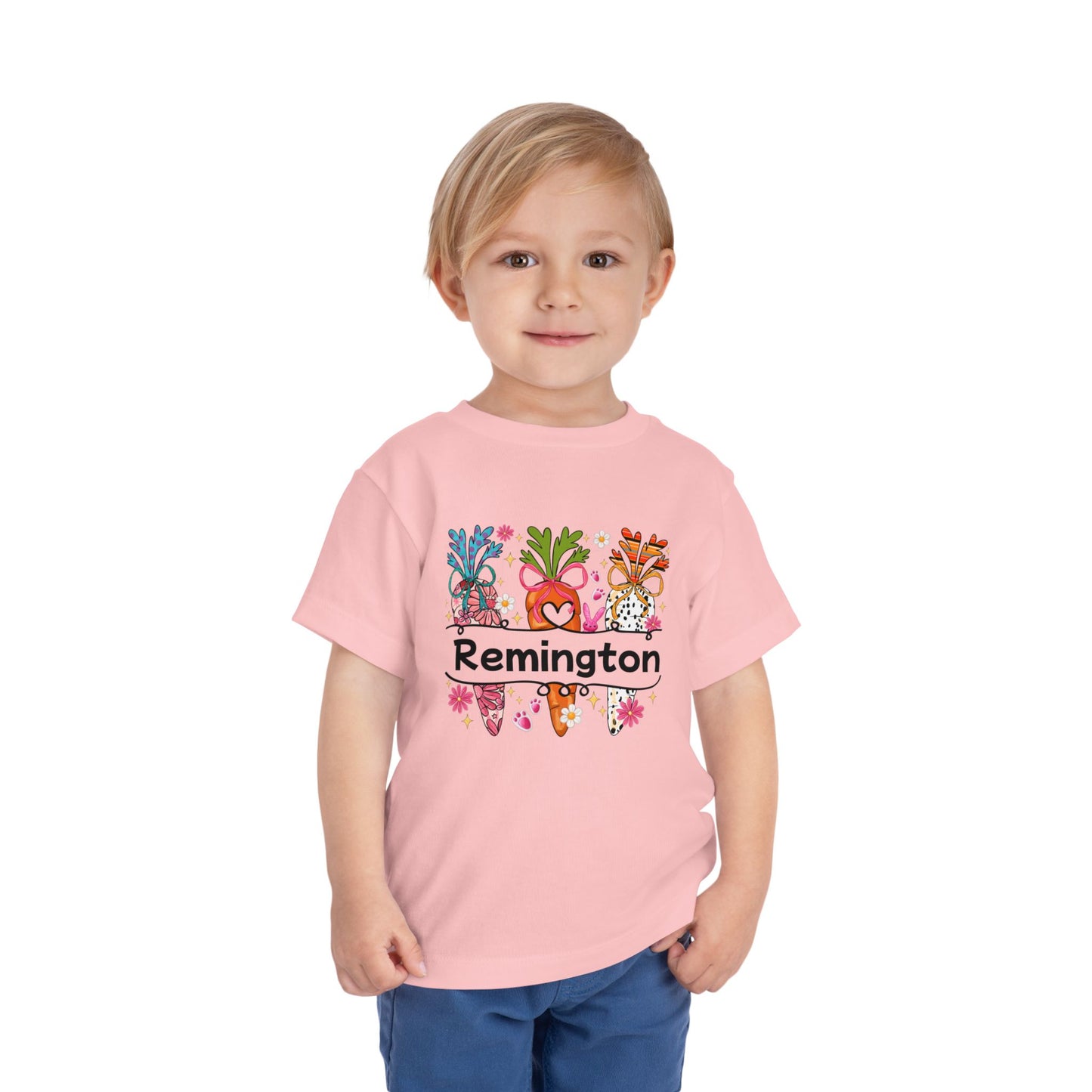 Personalized Toddler Tee — Colorful Easter Carrot Gnome Name Shirt (Remington)