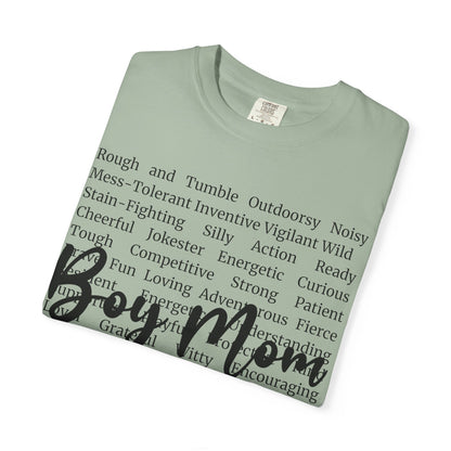 Boy Mom T‑Shirt — 'Boy Mom' Script over Positive Traits Tee COMFORT COLOR
