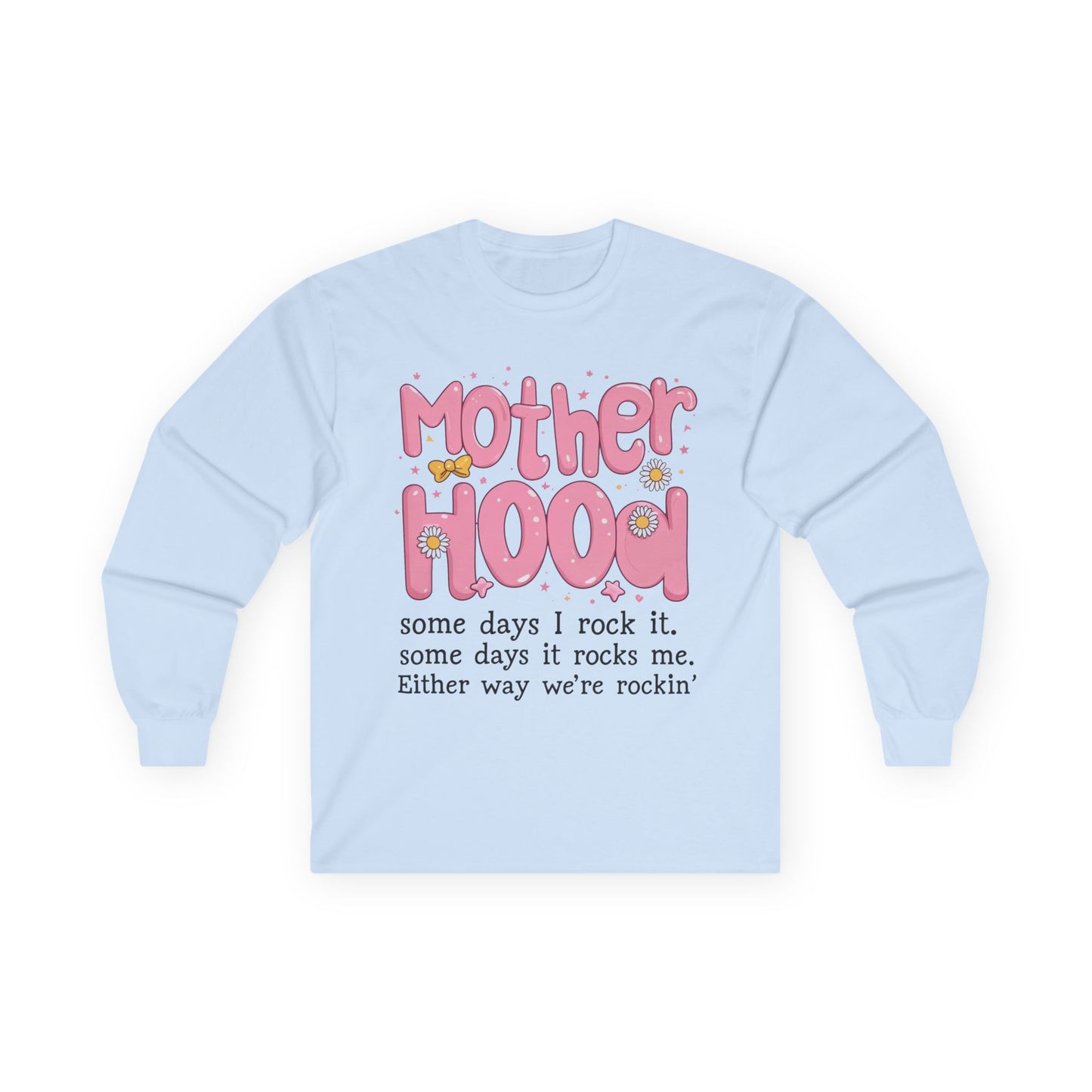 Motherhood Long Sleeve Tee — "Mother Hood" Cute Retro Graphic for New Moms & Mothers' Day