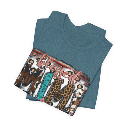 Mama Leopard & Western Floral T-Shirt — 'Mama' Graphic Tee with Cowhide, Turquoise & Pink Flowers