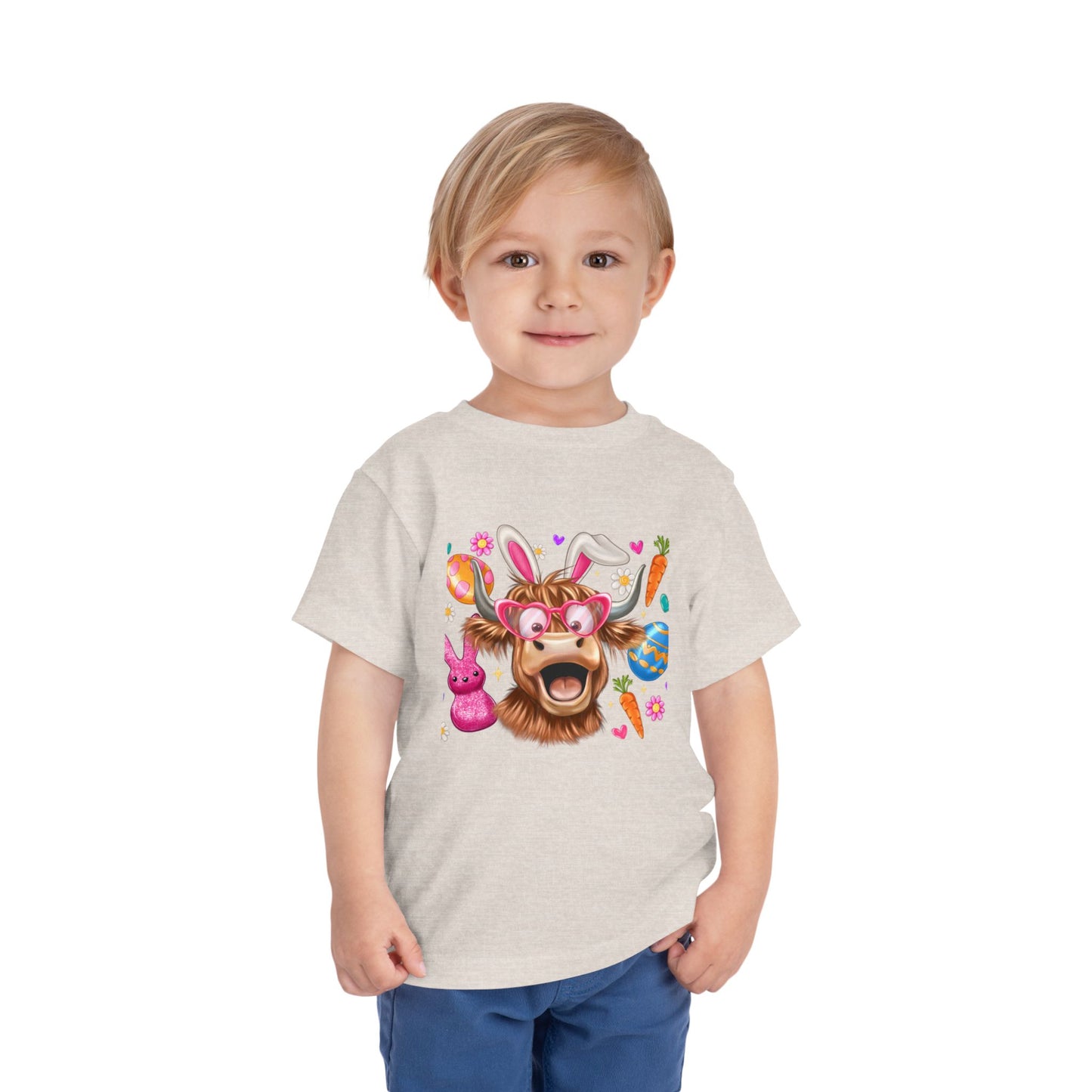 Easter Highland Cow Toddler Tee — Cute Bunny Ears & Colorful Eggs