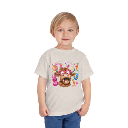 Easter Highland Cow Toddler Tee — Cute Bunny Ears & Colorful Eggs