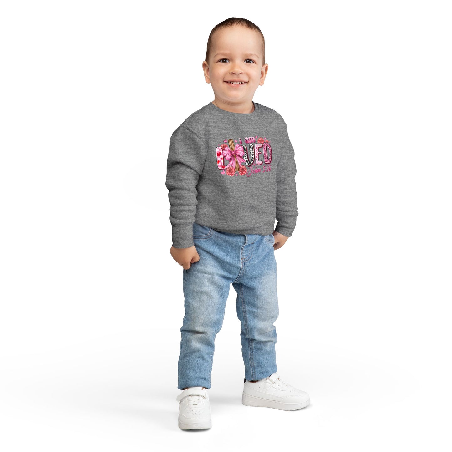 Toddler Sweatshirt - "I Am Loved" John 3:16 Pink Cross Faith Pullover