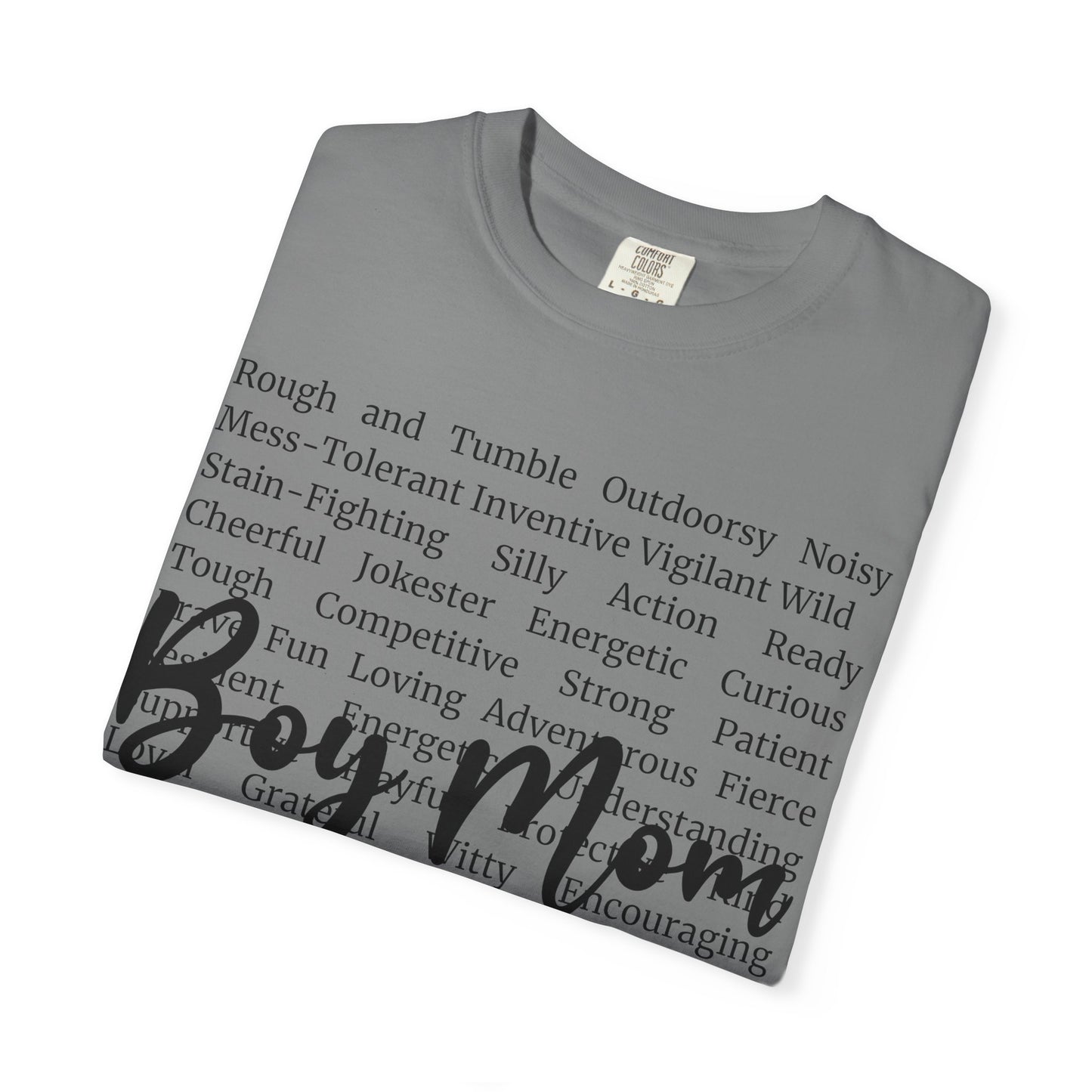 Boy Mom T‑Shirt — 'Boy Mom' Script over Positive Traits Tee COMFORT COLOR