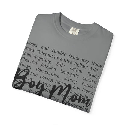 Boy Mom T‑Shirt — 'Boy Mom' Script over Positive Traits Tee COMFORT COLOR