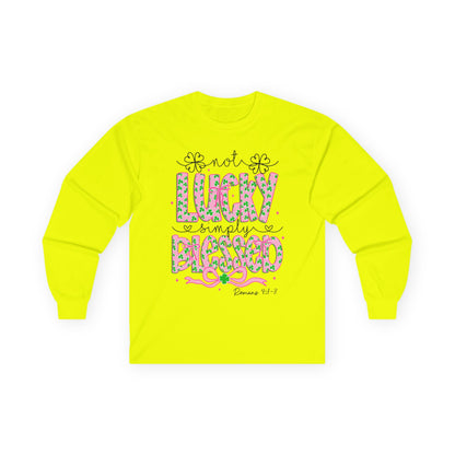 Long Sleeve Tee — "Not Lucky, Simply Blessed" Floral Christian Graphic
