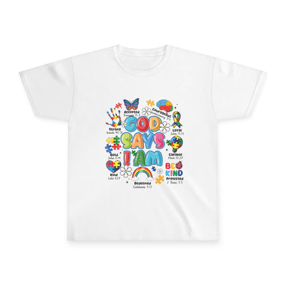 Youth Tee — "God Says I Am" Colorful Faith Kids T-Shirt