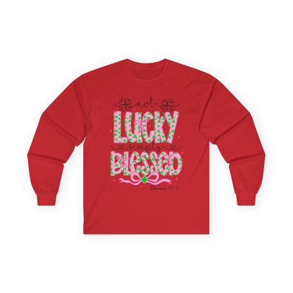 Long Sleeve Tee — "Not Lucky, Simply Blessed" Floral Christian Graphic