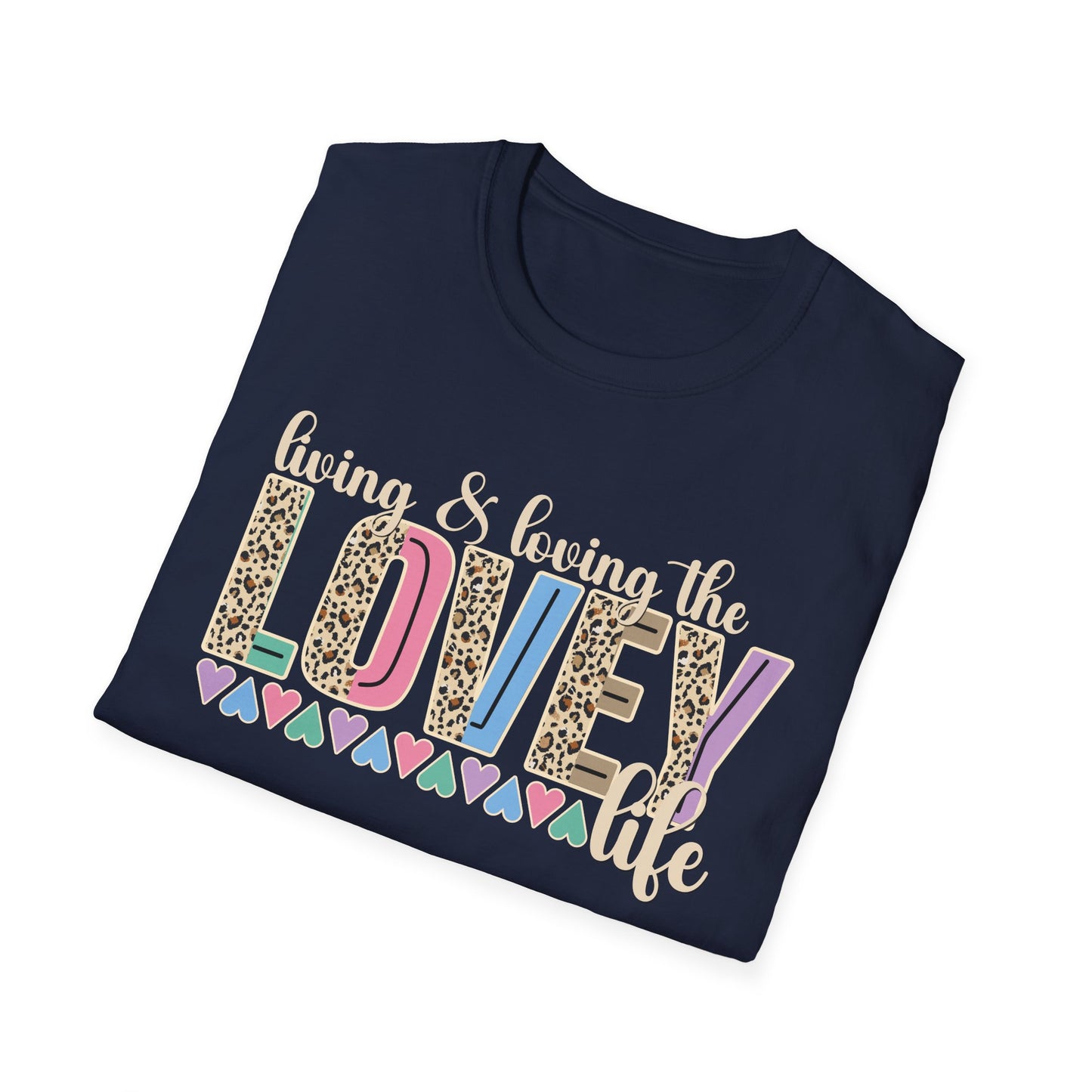 T-Shirt — Living the Lovey Life Graphic Tee (colorful leopard & pastel hearts)