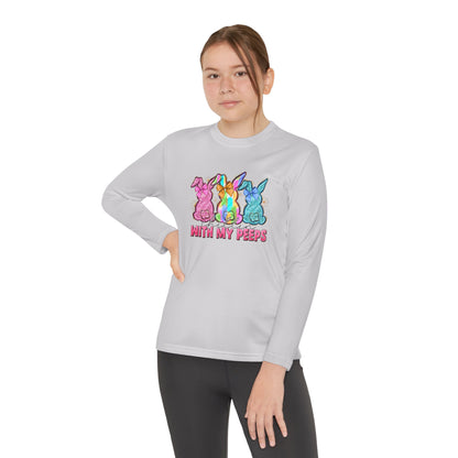 Youth Long Sleeve Tee — "With My Peeps" Colorful Easter Bunny Graphic