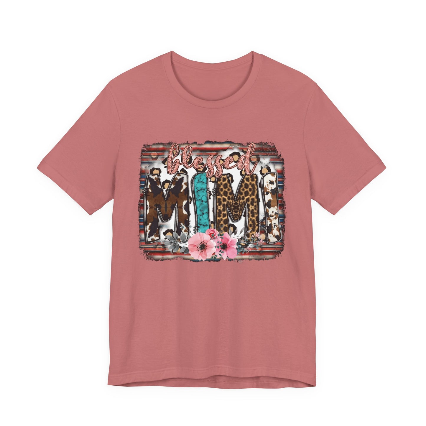 Mama Leopard & Western Floral T-Shirt — 'Mama' Graphic Tee with Cowhide, Turquoise & Pink Flowers