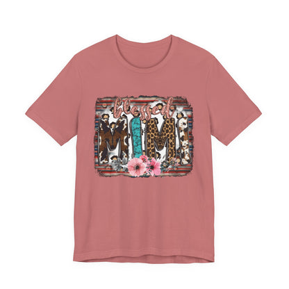 Mama Leopard & Western Floral T-Shirt — 'Mama' Graphic Tee with Cowhide, Turquoise & Pink Flowers