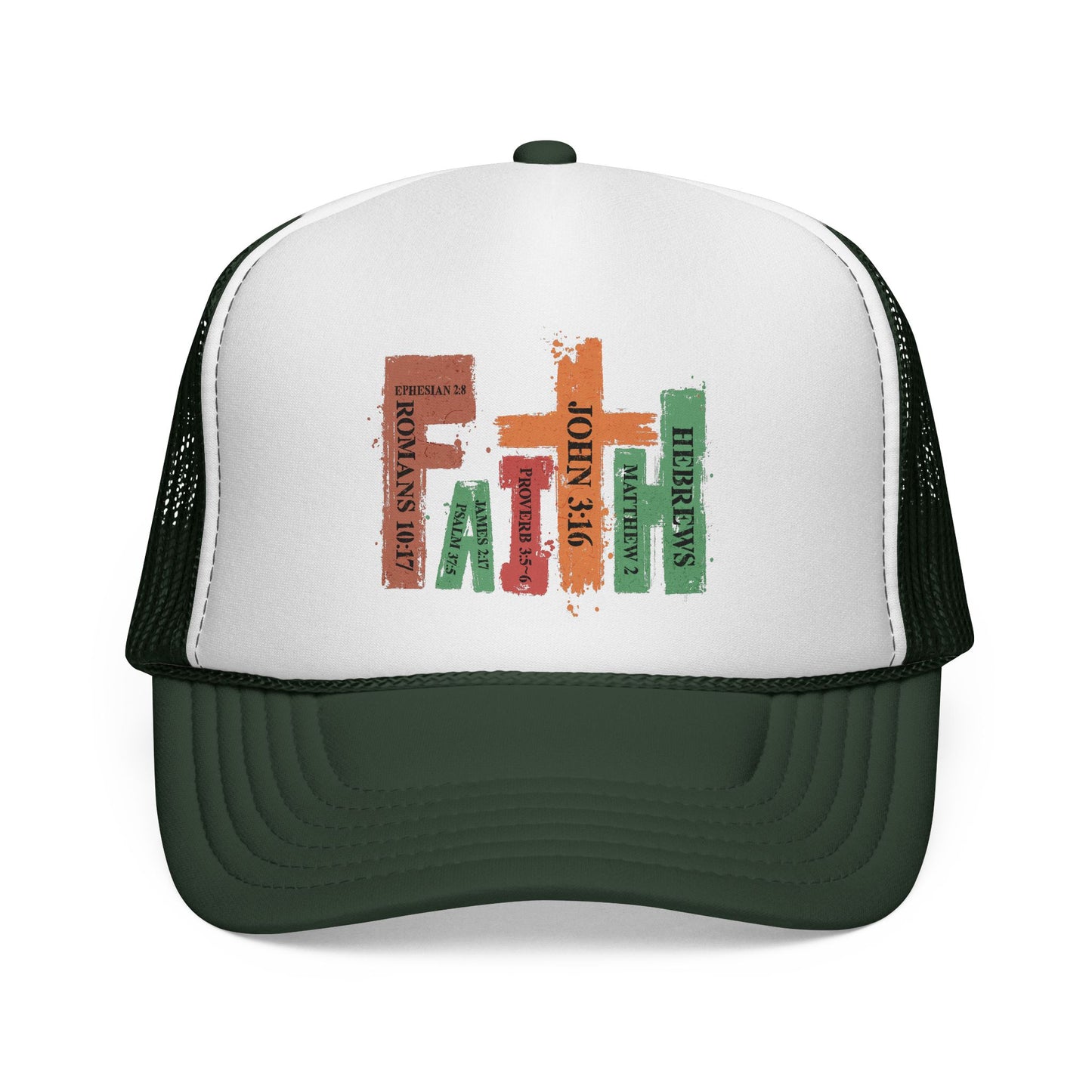 Christian Bible Verse Stack Trucker Cap — John 3:16, Romans, Hebrews Design