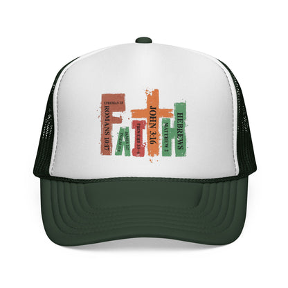 Christian Bible Verse Stack Trucker Cap — John 3:16, Romans, Hebrews Design
