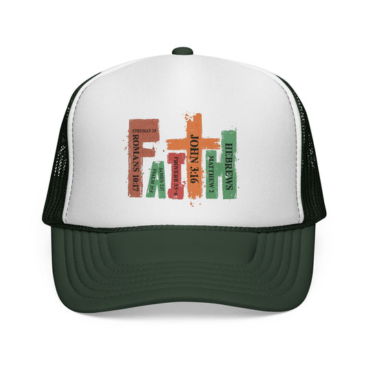 Christian Bible Verse Stack Trucker Cap — John 3:16, Romans, Hebrews Design