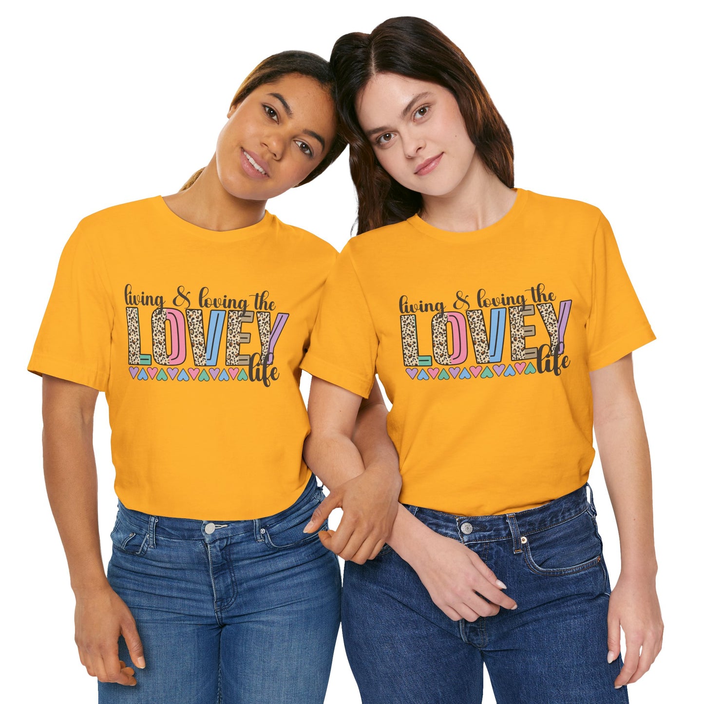 Living & Loving the LOVE Life T-Shirt — Colorful Leopard Print Hearts Tee