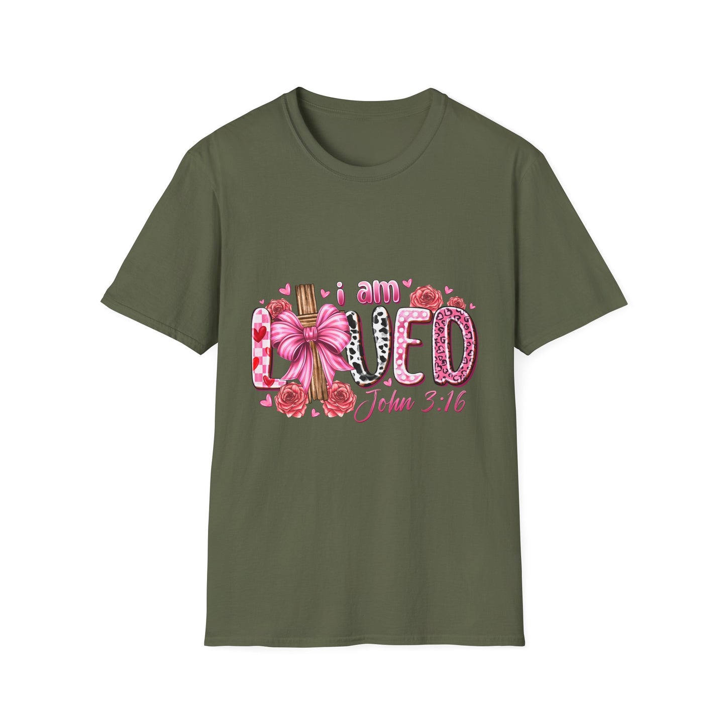 I Am Loved John 3:16 T-Shirt — Pink Floral Christian Faith Tee