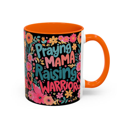 Coffee Mug — "Praying Mama, Raising Warriors" Floral Accent Mug (11/15oz)