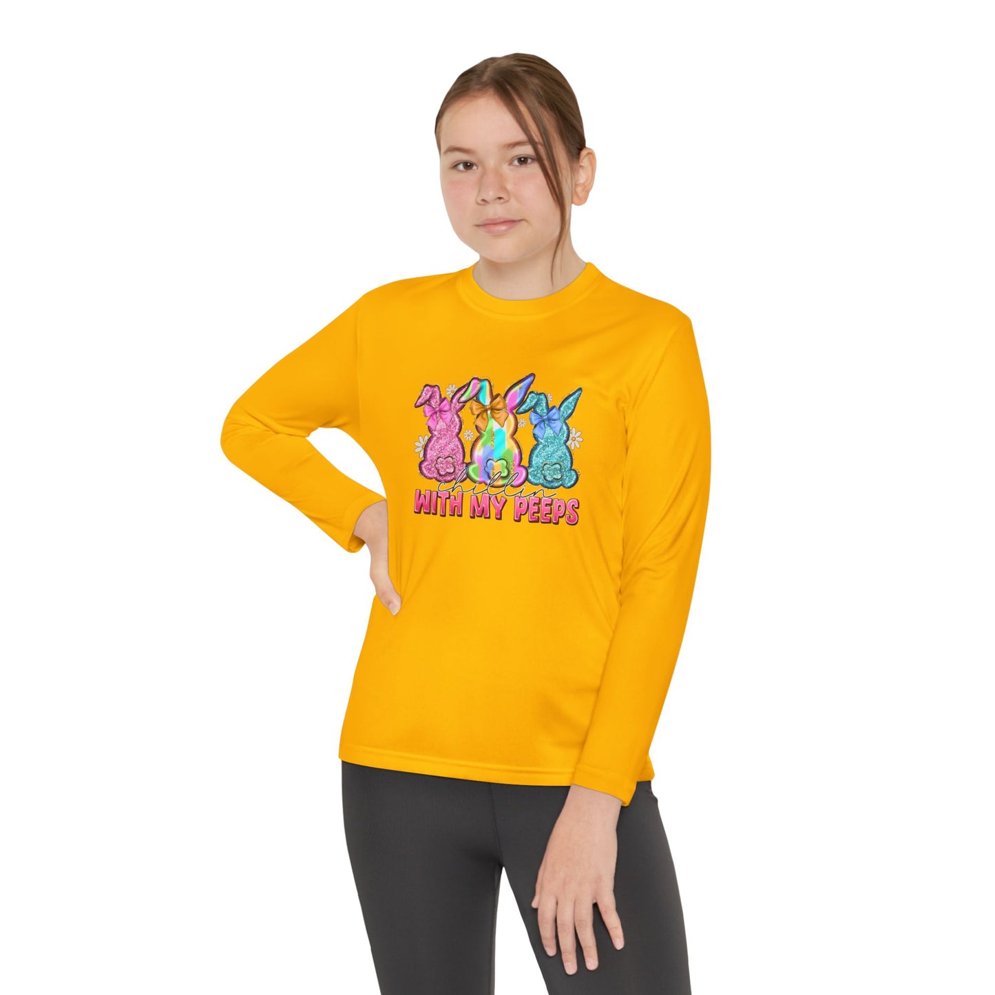 Youth Long Sleeve Tee — "With My Peeps" Colorful Easter Bunny Graphic