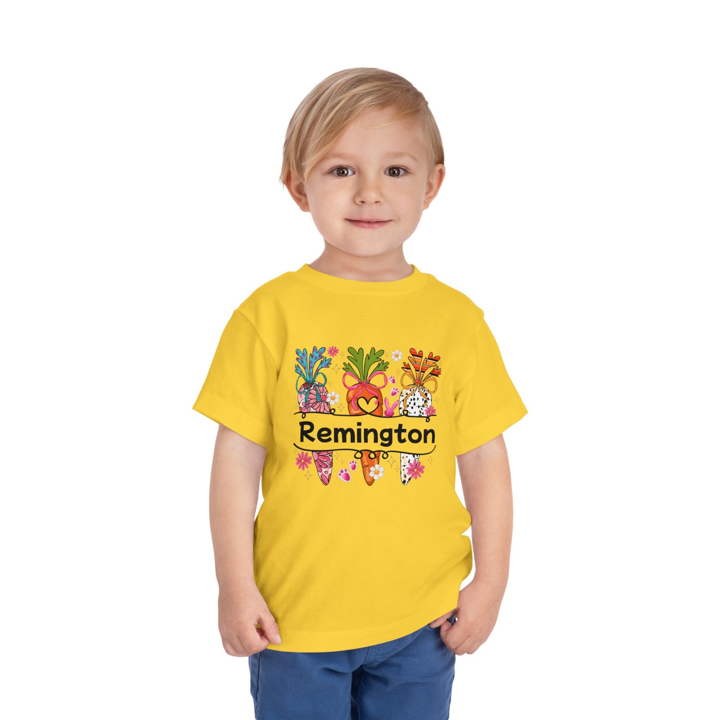 Personalized Toddler Tee — Colorful Easter Carrot Gnome Name Shirt (Remington)