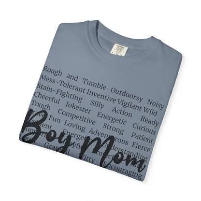 Boy Mom T‑Shirt — 'Boy Mom' Script over Positive Traits Tee COMFORT COLOR