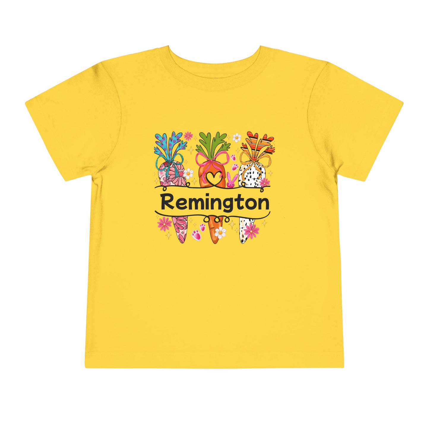 Personalized Toddler Tee — Colorful Easter Carrot Gnome Name Shirt (Remington)