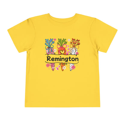 Personalized Toddler Tee — Colorful Easter Carrot Gnome Name Shirt (Remington)