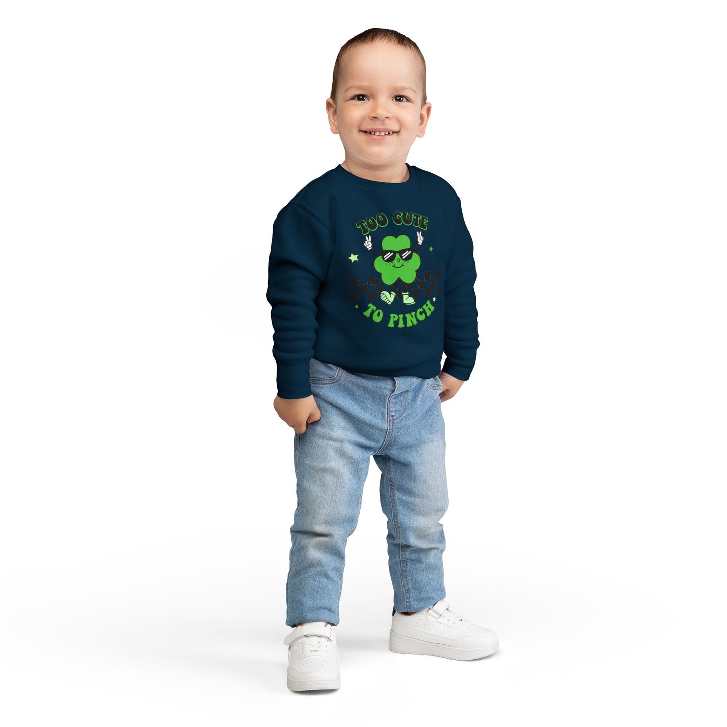 Toddler Sweatshirt — "Too Cute to Pinch" St. Patrick's Day Shamrock Sweatshirt for Babies & Toddlers