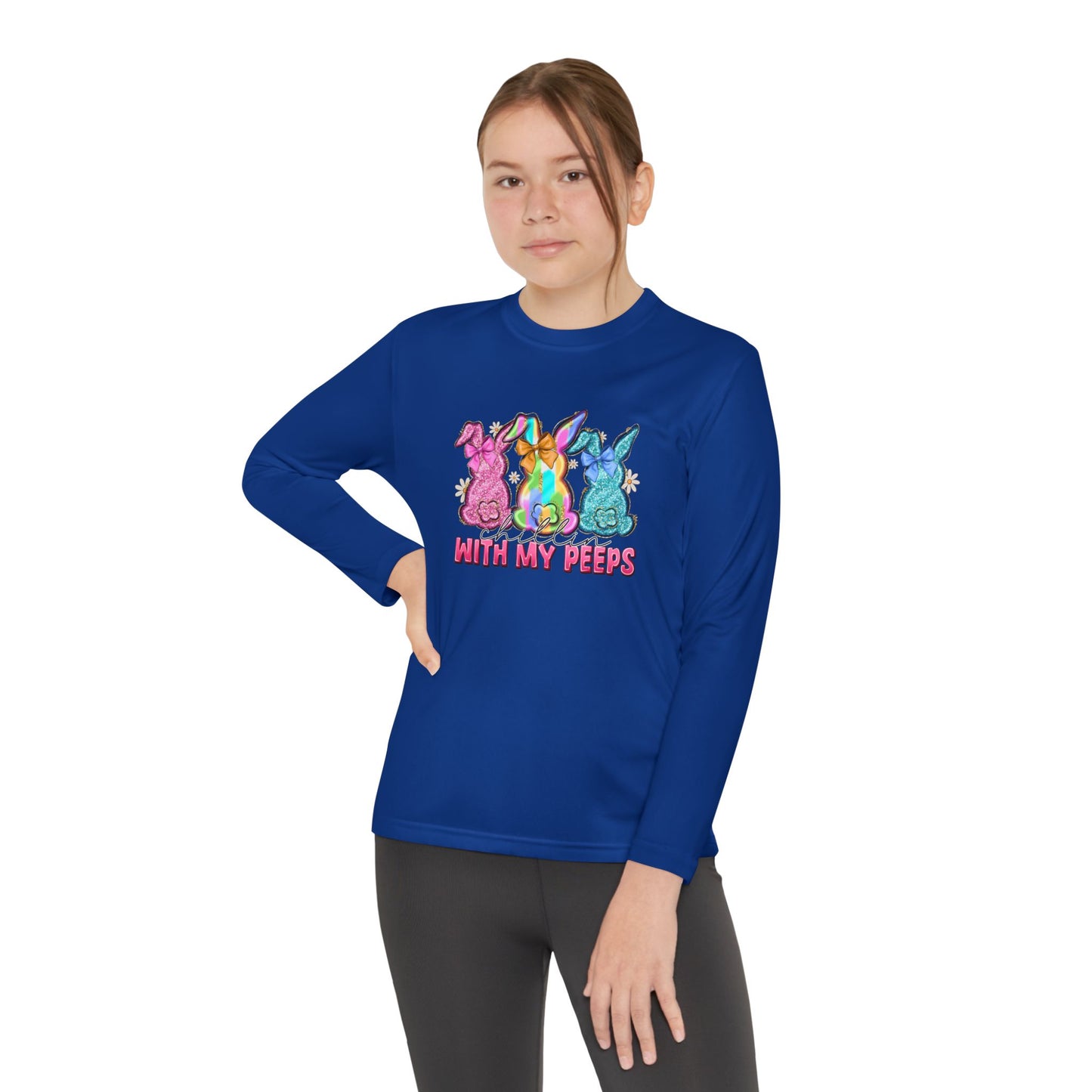Youth Long Sleeve Tee — "With My Peeps" Colorful Easter Bunny Graphic