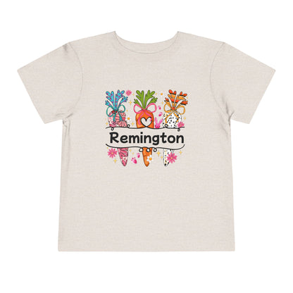 Personalized Toddler Tee — Colorful Easter Carrot Gnome Name Shirt (Remington)