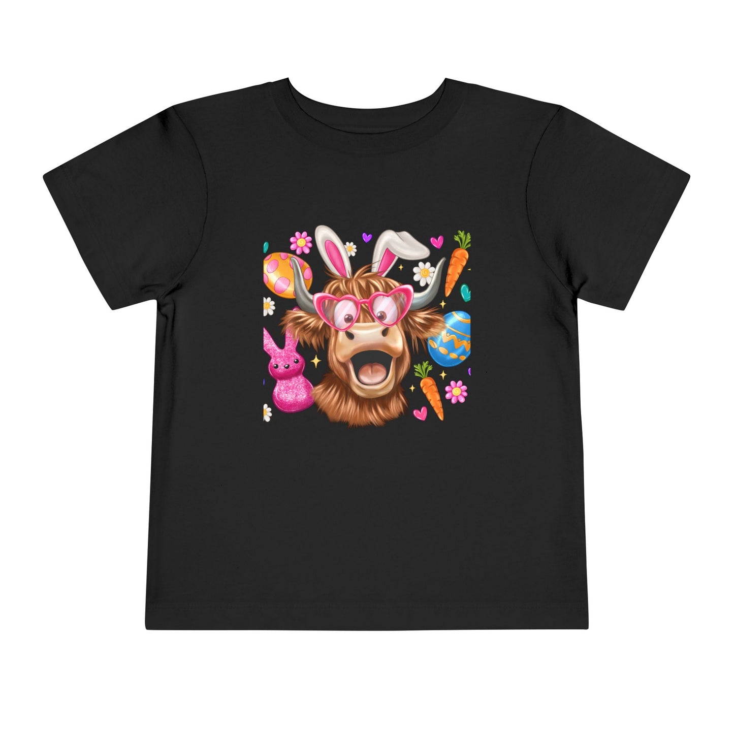 Easter Highland Cow Toddler Tee — Cute Bunny Ears & Colorful Eggs