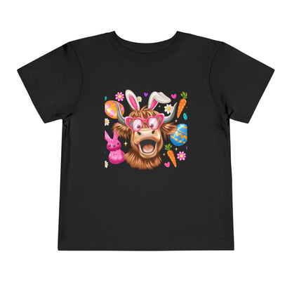Easter Highland Cow Toddler Tee — Cute Bunny Ears & Colorful Eggs