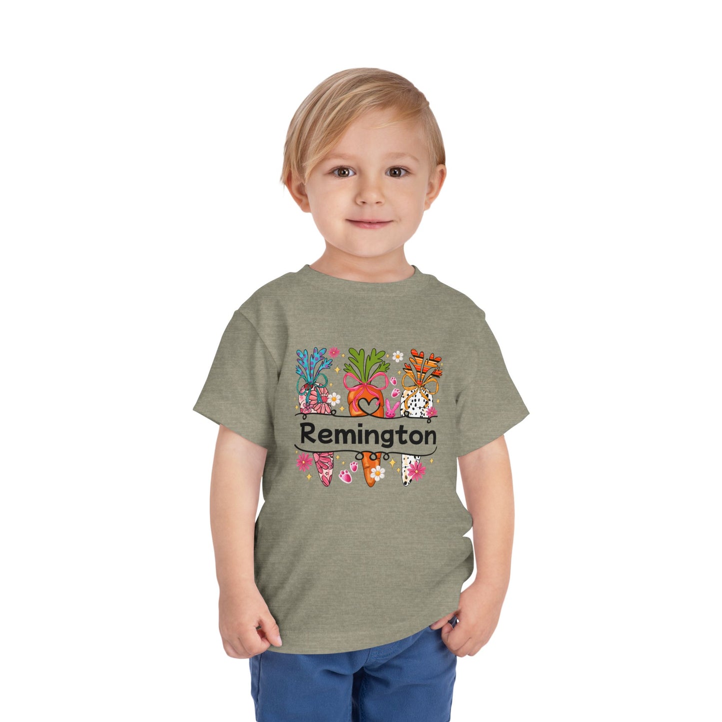 Personalized Toddler Tee — Colorful Easter Carrot Gnome Name Shirt (Remington)