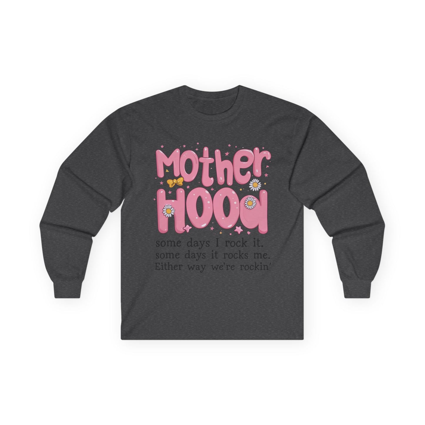 Motherhood Long Sleeve Tee — "Mother Hood" Cute Retro Graphic for New Moms & Mothers' Day