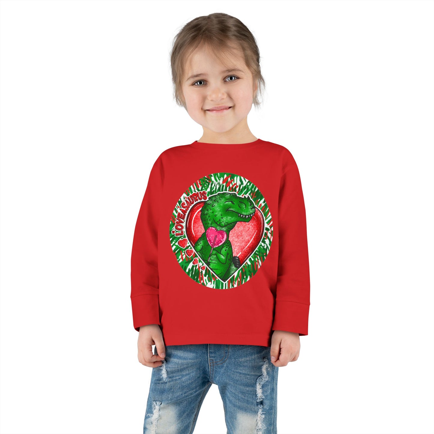 Toddler Tee — Cute Green Dinosaur Hugging Heart Valentine’s Shirt