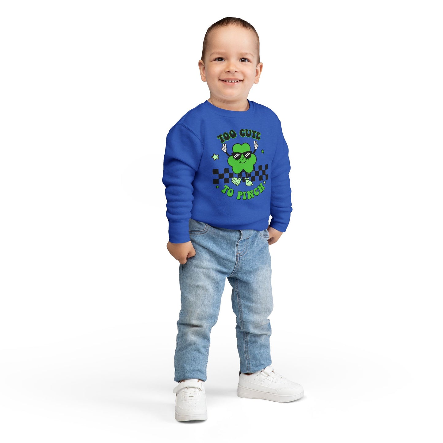 Toddler Sweatshirt — "Too Cute to Pinch" St. Patrick's Day Shamrock Sweatshirt for Babies & Toddlers