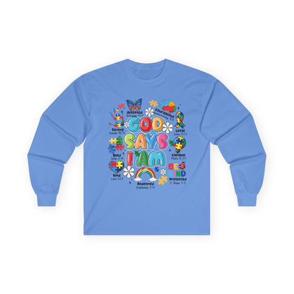 God Says I Am Long Sleeve Tee — Positive Christian Kids Faith Shirt