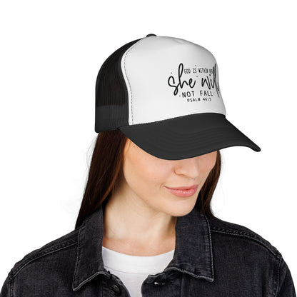 She Will Not Fail Trucker Cap – Psalm 46:5 Inspirational Christian Hat