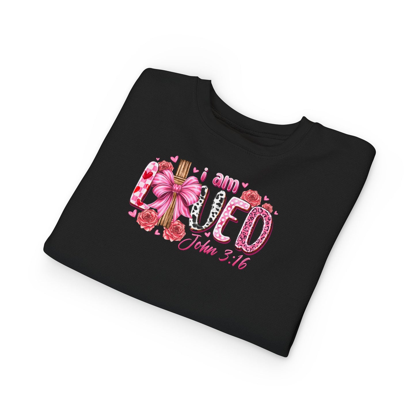 Toddler Sweatshirt - "I Am Loved" John 3:16 Pink Cross Faith Pullover