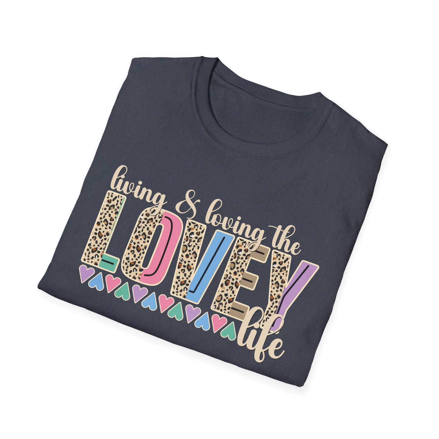 T-Shirt — Living the Lovey Life Graphic Tee (colorful leopard & pastel hearts)