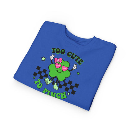Toddler Sweatshirt — "Too Cute to Pinch" St. Patrick's Day Shamrock Crewneck